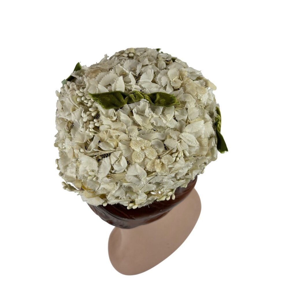 Vintage 50s Floral Hat White Green Bows Formal Round Pillbox B. Forman - Picture 4 of 11